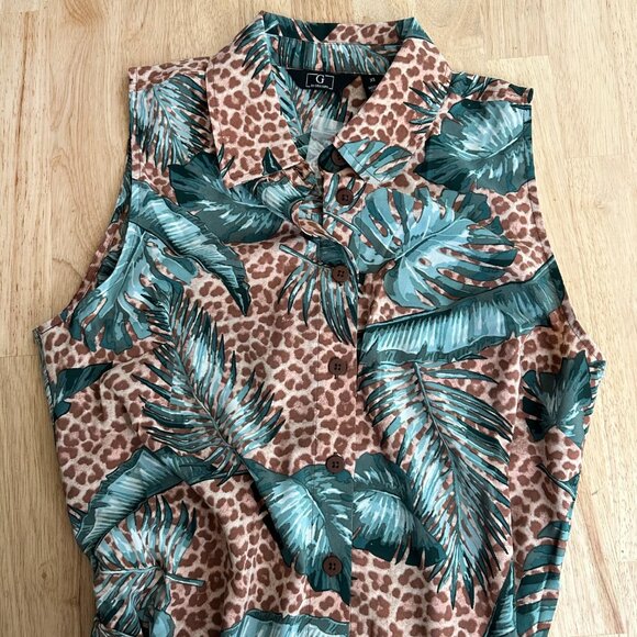 G by GUILIANA Women‎ tropical button up sleeveless cheetah leopard XS NWOT - Picture 3 of 6